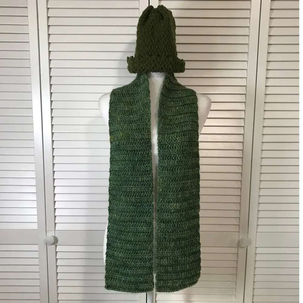 NWT Handmade Crocheted Green Textured Beanie Scarf 60” - Picture 1 of 3